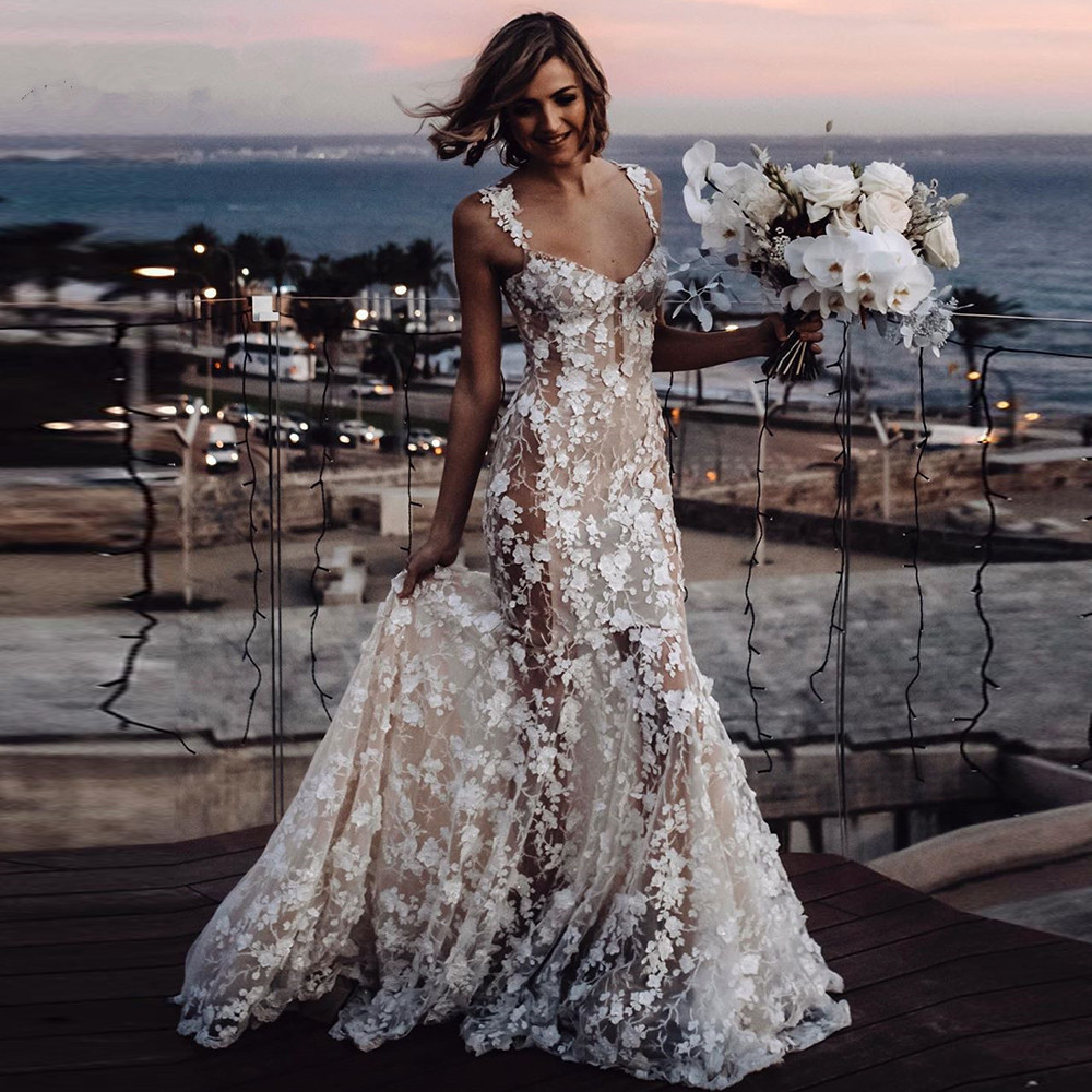 2022 Beach Mermaid Wedding Dresses Sexy Nude Lining Floral Lace Applique Country Bohemian Sweetheart Bridal Gown vestido novia berta