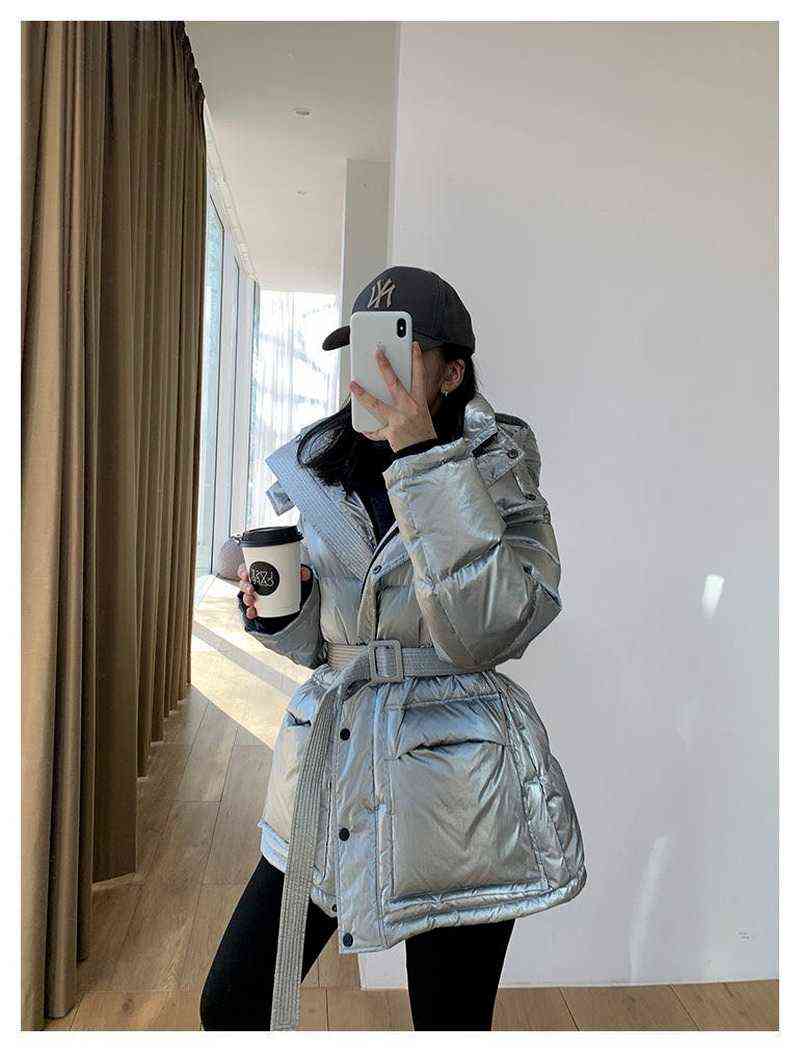 Qingwen Winter Women Thick Warm Metal Shiny Waist New White Duck Down Jacket Female 2022 Parka Hooded Waterproof Snow Runner L220725