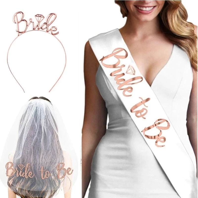 1Set Bride To Be Veil Satin Sash Hiarband Bridal Shower Wedding Decorations Tattoo Stickers Hen Bachelorette Party Supplies 220804