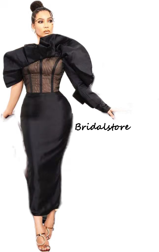 Sexy Aso Ebi African Black Prom Dress 2022 One Shoulder Satin Short Evening Dresses Long Sleeve Party Robe De Soirée De Mariage Little Formal Wear Ski