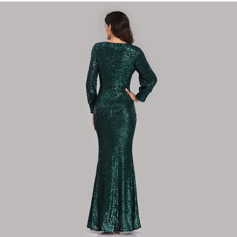 Plus Size Sequin Evening Dress 2022 Green Rose Gold Mermaid Long Prom Dresses Sexy V Neck Long Sleeve Night Formal Party Gowns Vestidos De Fiesta Robe