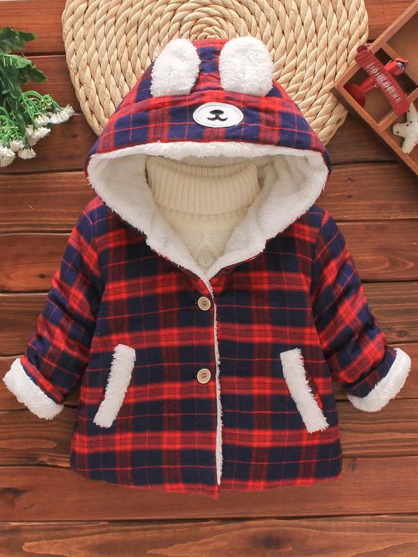Toddler Boys 3D Ear Hooded Plaid Thermal Lined Coat SHE