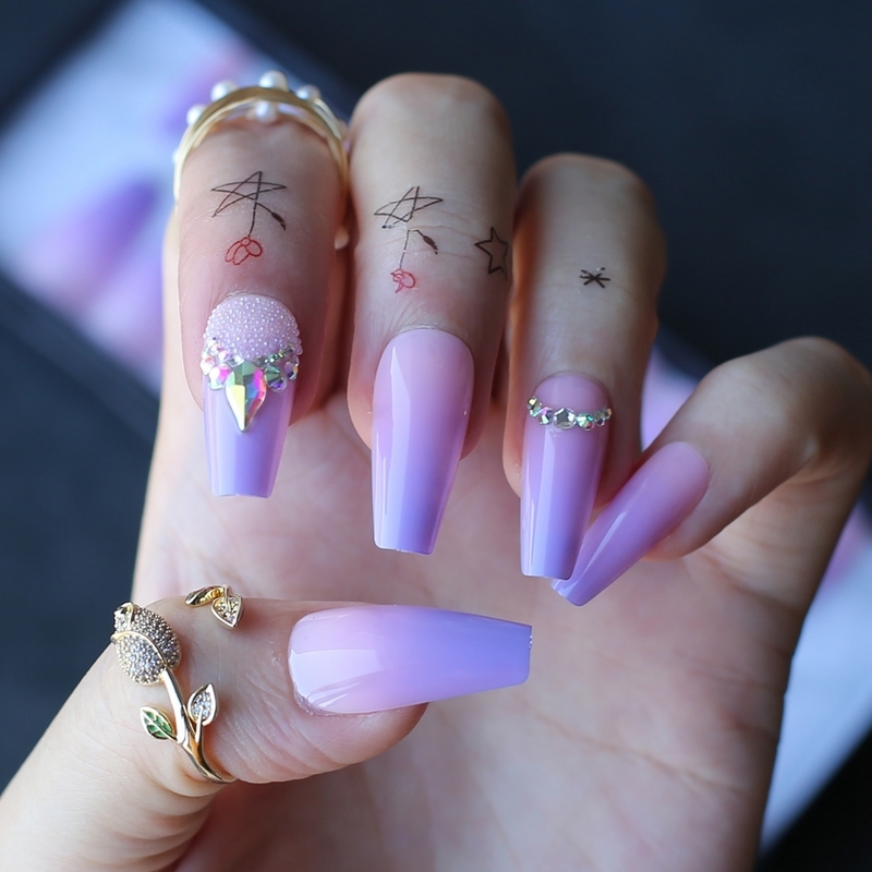 Middle length Coffin Lovely Ombre Violet Acrylic nails crystal Art False nalis Tips Press on nails Cute Custom private label box 220725