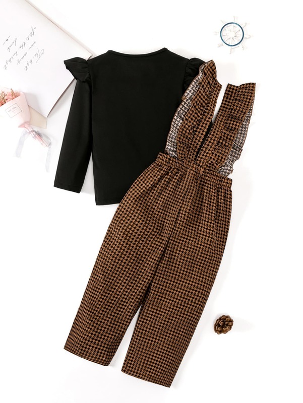 Toddler Girls Ruffle Trim Top & Houndstooth Print Pinafore Jumpsuit SHE