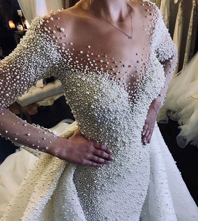 Luxurious Crystal Pearls Princess Wedding Dresses with Detachable Train Illusion Long Sleeve Sheer Neck Church Bridal Gowns Plus Size
