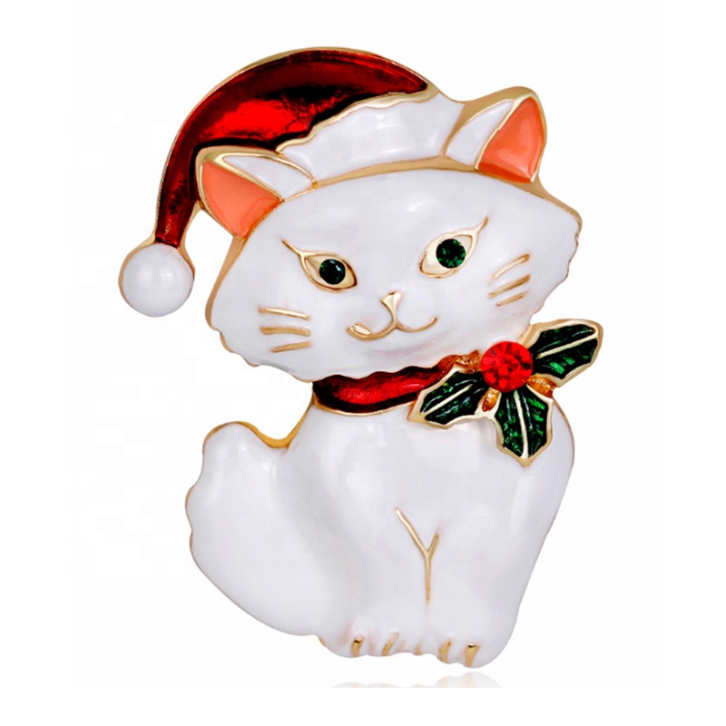 50pcs 50mm Christmas Cat With Hat Brooch Pin Gold Tone Black White Enamel Cat Brooches Cute Animal Fashion Jewelry Pins