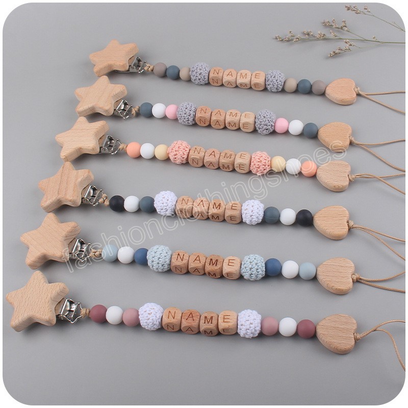 Newborn baby Silica gel Bead Pacifier Holders Beech Star Pacifier Clip Heart Teethers DIY Name Infant toddler Toys