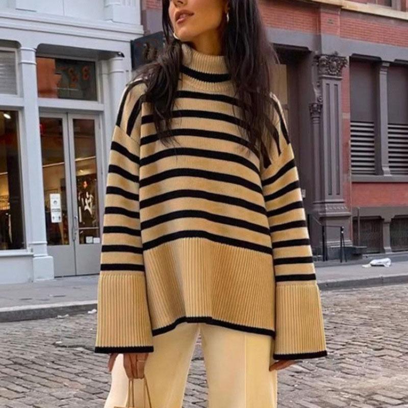 Women's Sweaters Autumn Winter Oversized Cotton Knitted Pullover - Striped Turtleneck Long Sleeve Loose Casual B4