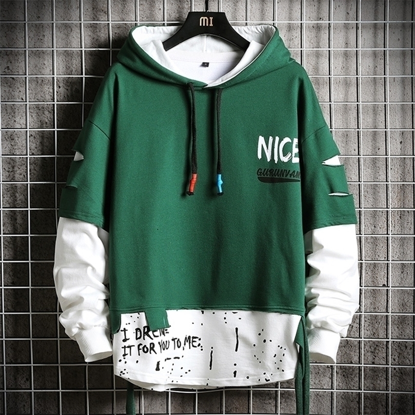 Oversized Ripped Patchwork Hoodies Men Hip Hop Streetwear Hoodie Mens Harajuku Hooded Sweatshirt Fashion Men Tops 201126