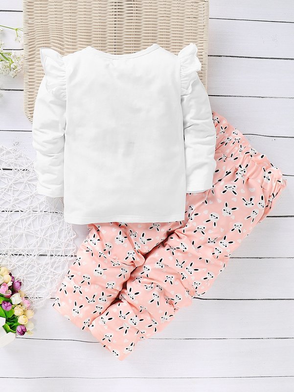 Toddler Girls Bow Front Rabbit Print Tee With Paperbag Pants SHE