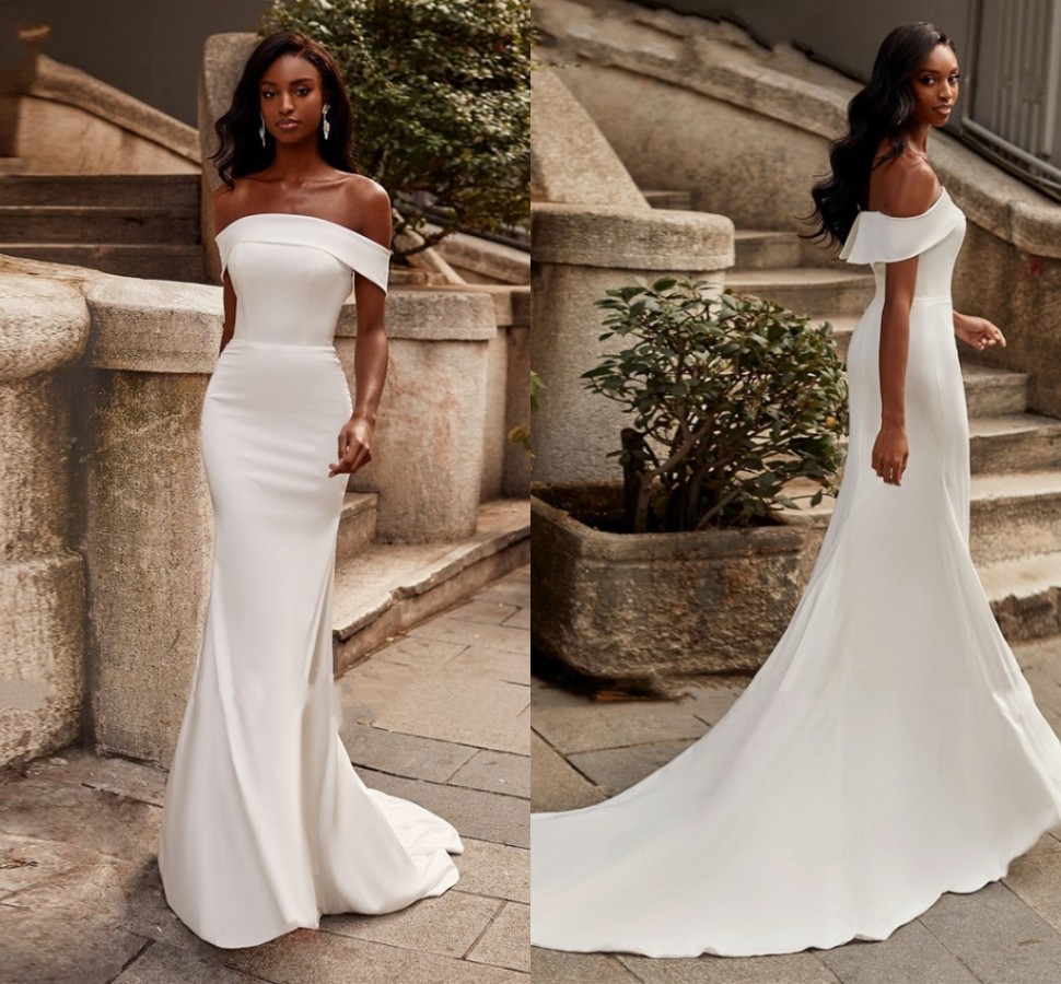 Simple Satin Mermaid Wedding Dress 2022 Stylish Boat Neck Off The Shoulder Zipper Back Court Train Bridal Gown Vestidos De Noiva