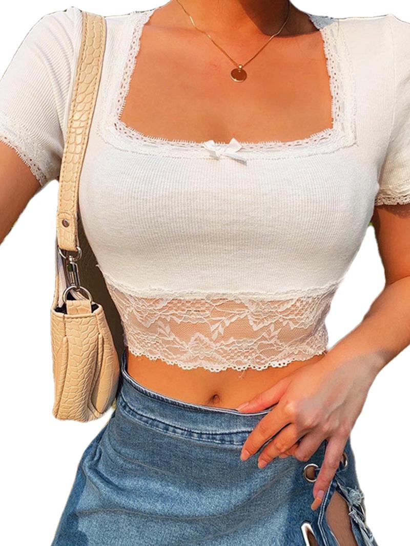 Women' T-Shirt Women Bow Crop Top Short Sleeve Square Collar Lace Pullover Summer Sexy Solid Color ClothesWomen' Women'sWomen, White
Women' T-Shirt Women Bow Crop Top Short Sleeve Square Collar Lace Pullover Summer Sexy Solid Color ClothesWomen' Women'sWomen, White