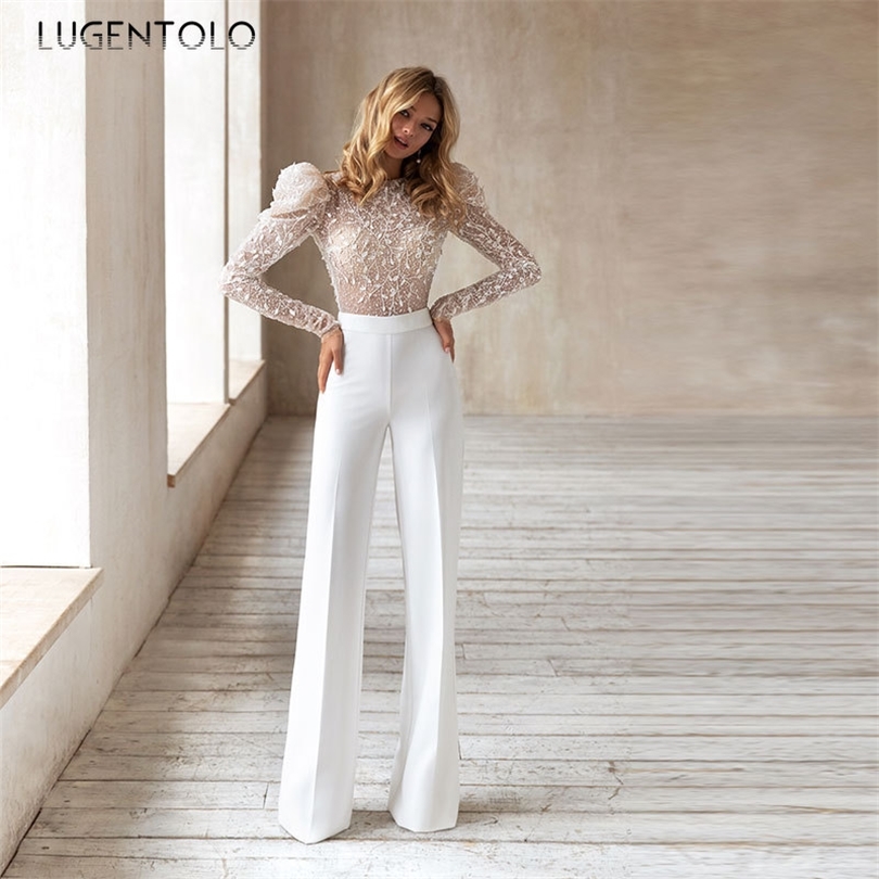 Lugentolo Women's Jumpsuits Round Neck Sexy Backless Long Sleeves Hot Stamping Sequins Fall New Fashion Bodysuit Women 201007