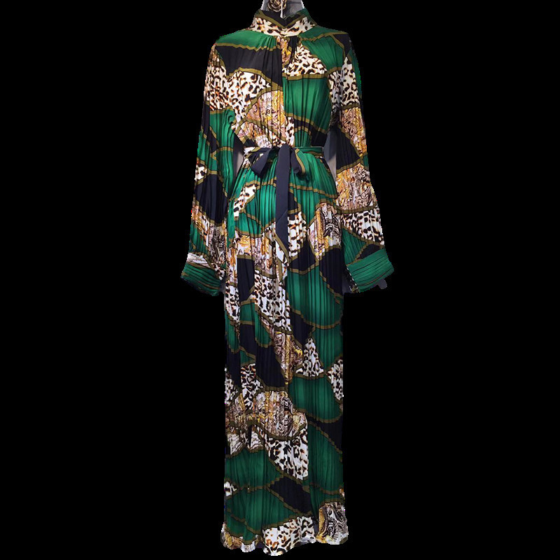 LANMREM women long dresses famale vintage stand collar loose slimming belt pleated long sleeve printed 135CM length 210303