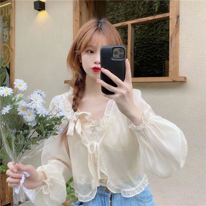 Pearl Diary Women Sheer Chiffon Beach Cover Up Top Long Sleeve See Through Summer Ruffle Neckline Tie Front Casual Cute Tops 220516