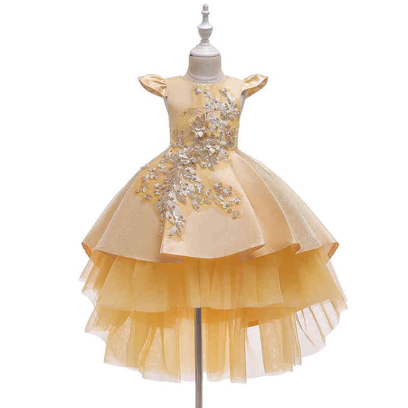 New Cute Dress Child Girl Knee Length Mesh Flower Gown for Girls Trailing Baby Girl Birthday Dresses for 3 Years Old Y220510