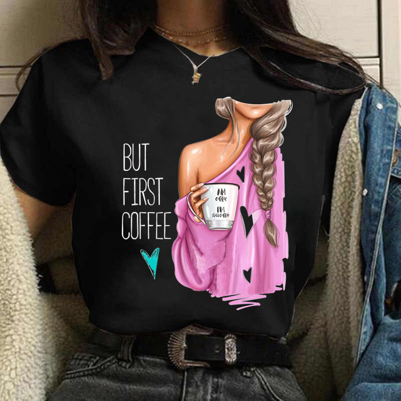 Coffee Girl Casual Womens Tshirt Black Womens Top Round Neck Womens Harajuku Fashion Short Sleeve 220527