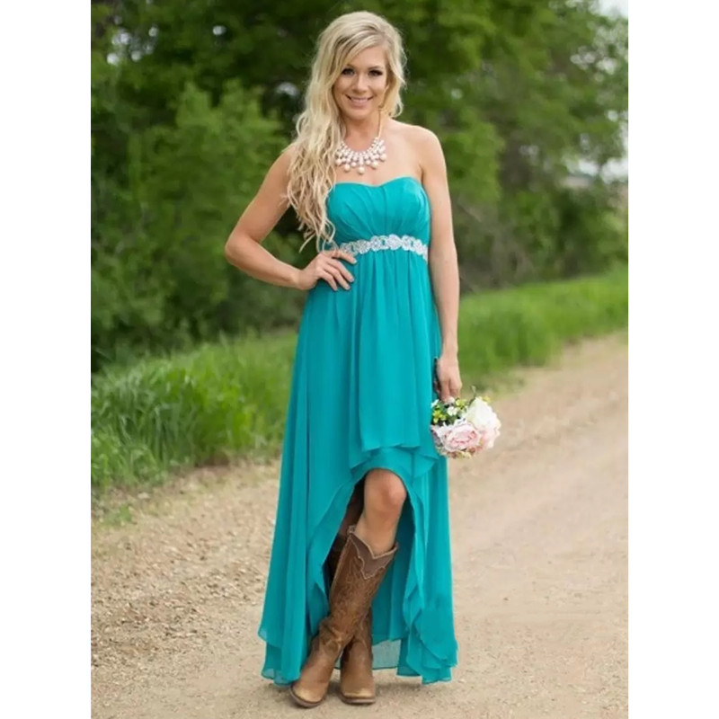 Country Bridesmaid Dresses Teal Turquoise Chiffon Sweetheart High Low Beaded With Belt Party Wedding Guest Dress Maid Honor Gowns