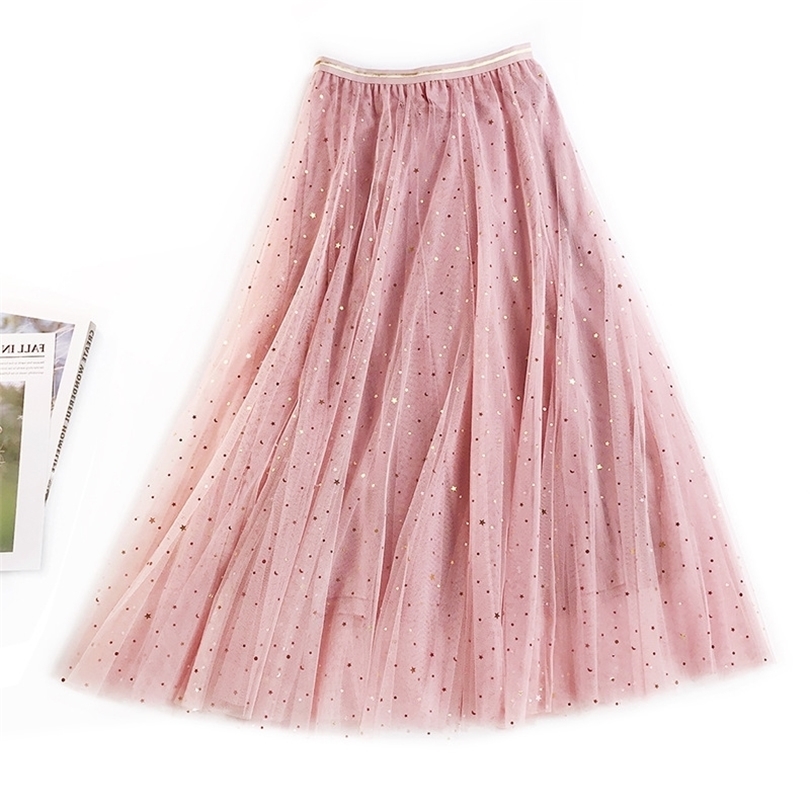 New Spring Tulle Skirts Womens Fashion Shining Star Mesh Tutu Skirt Pleated Long Skirts Midi Skirt Saias Faldas Jupe Femme T200324