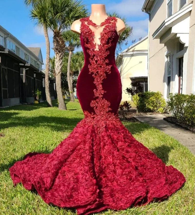 Plus Size Burgundy Prom Dress 2022 For Black Girl Bottom Rose Florals O Neck Sleeveless Mermaid Evening Dresses Open Back Formal African Party Wear Go