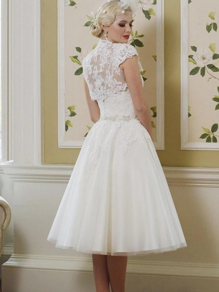 Vintage Tea-length 1920s' Bridal Dresses with Jacekt Wrap Bolero Full Lace Short Beach Country wedding gown Vestidos De Novia