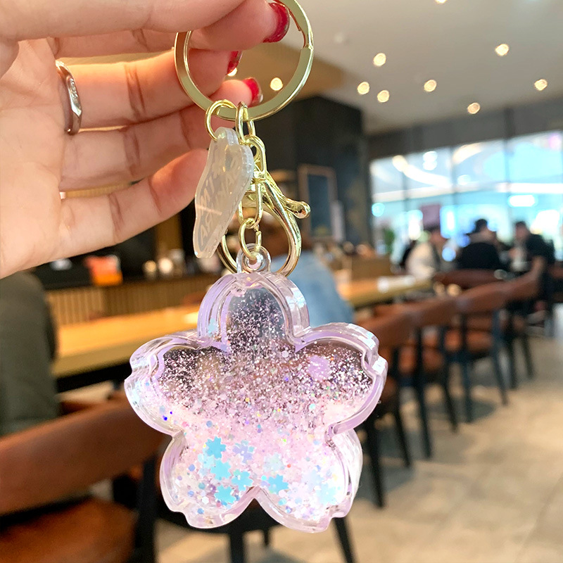 Acrylic Flower Keychains Sakura Car Key Chain Ring Accessories Women Fashion Schoolbag Pendants Bag Charms Cute Gold Metal Keyrings Jewelry for Girls 