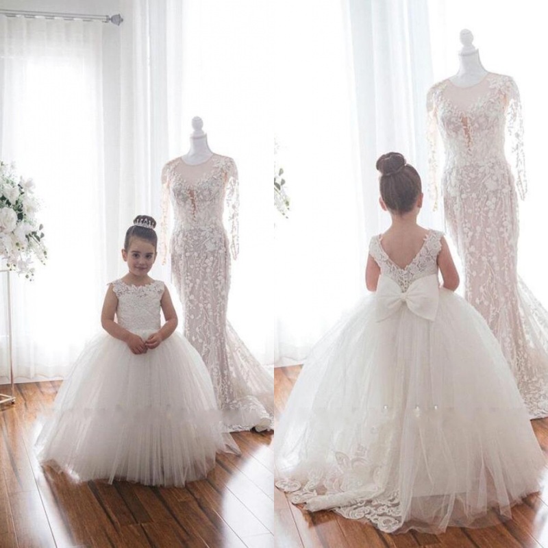 2022 Cute White Lace Little Kids Flower Girl Dresses Princess Jewel Neck Tulle Applique Puffy Floral Formal Wears Party Communion Pageant Gown Bc9309