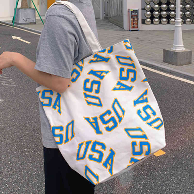 Summer Women Bag Single Shoulder Letter Printing Portable Student Large Capacity Leisure Canvas Shopping Bag 220516