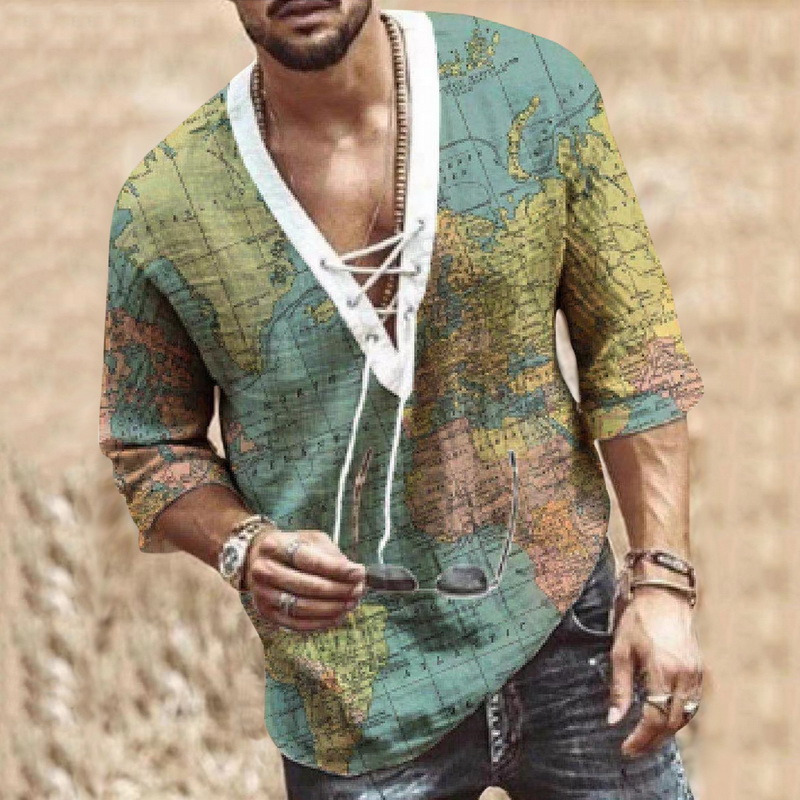 WENYUJH Mens Fashion Hippie Linen Shirt Casual Middle Sleeve V Neck Summer Beach Loose Tee Tops Solid Color T shirts 220606