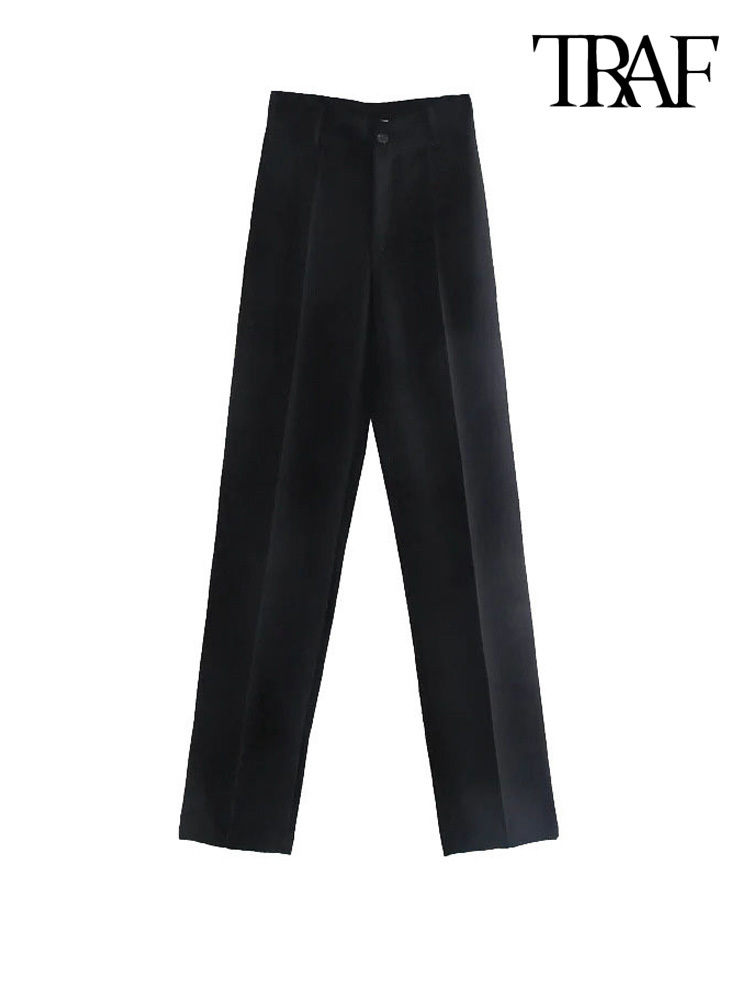 TRAF Women Chic Fashion Office Wear Straight Pants Vintage High Waist Zipper Fly Female Trousers Mujer 220325