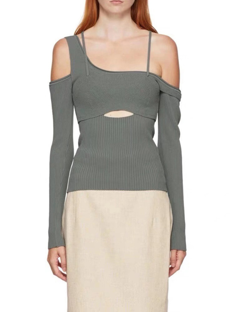 DEAT asymmetrical full sleeves square knitting elastic patchwork backlesss sexy top female fashion too WO13301M 220325