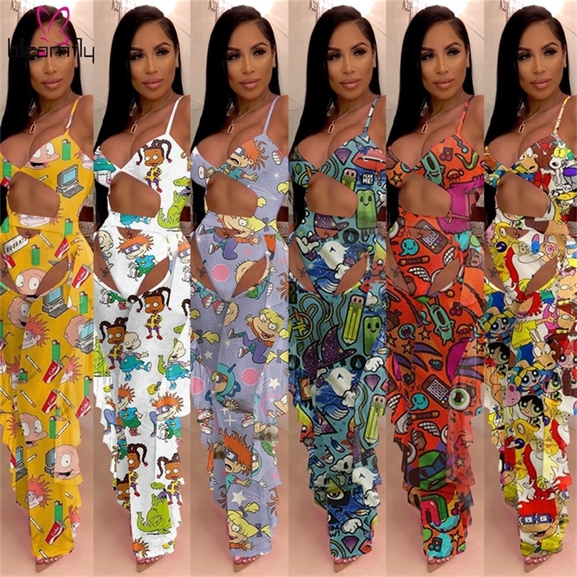 Sheer Mesh Cartoon Character Two Piece Tracksuit Spaghetti Strap Overall And Ruffles Spliced Wide Leg Pant Club Outfit