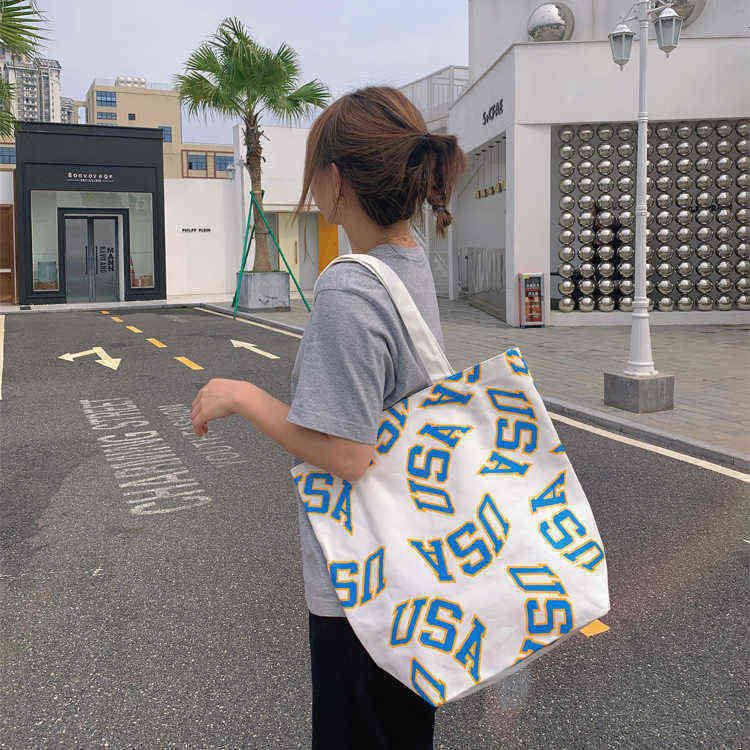 Summer Women Bag Single Shoulder Letter Printing Portable Student Large Capacity Leisure Canvas Shopping Bag 220516