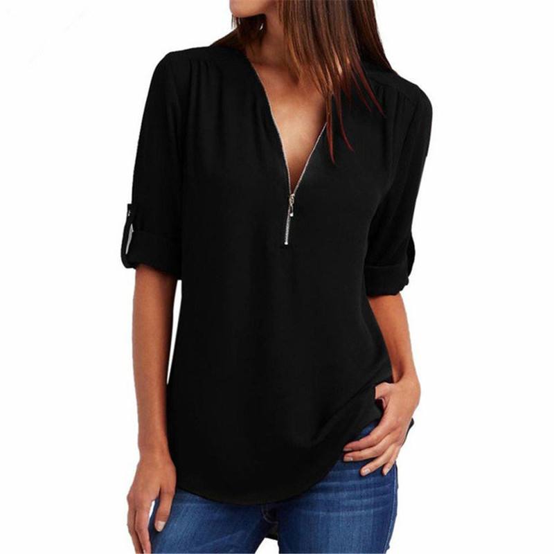 Solid Color Women chiffon Tshirt V neck Zipper irregular Loose Casual T shirts Spring Summer Oversizd Sexy Tops Tee 220714