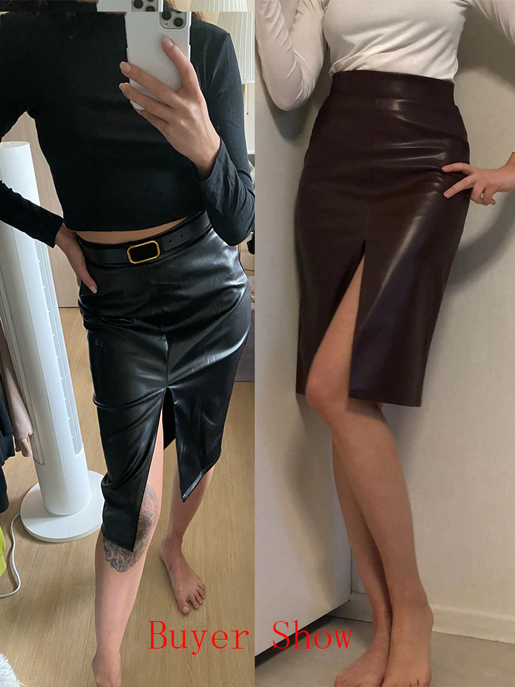 Women Faux Leather Slit Pencil Office Skirt Autumn Spring Streetwear High Waist Black Brown Sexy Bodycon Midi Skirts 220322
