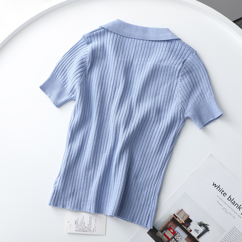 ITOOLIN Crop Top Female Polo Shirts Summer Short Sleeve T-shirt Women's Vintage Clothes Ribbed Solid Slim Knit Cropped Tees 220321