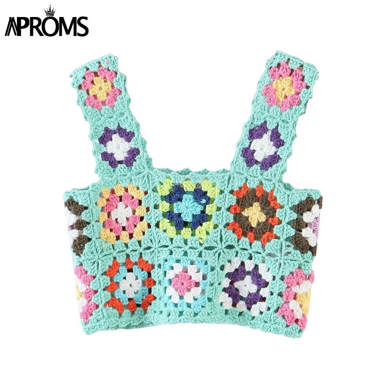 Aproms Elegant Multi Color Handmade Crochet Tank Tops Women Summer Casual Square Neck Flower Camis High Fashion Cropped Top 220325