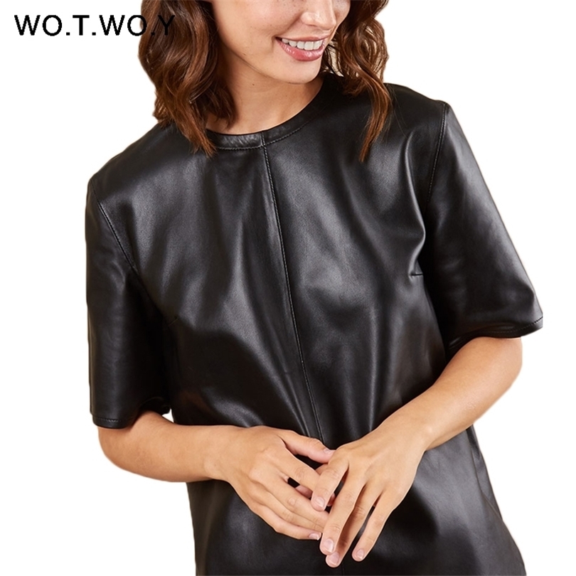 WOTWOY Spring Summer faux leather Women Tshirt Back Zipper Casual Faux Leather Black Female Tshirt Oneck Tops Women T200614
