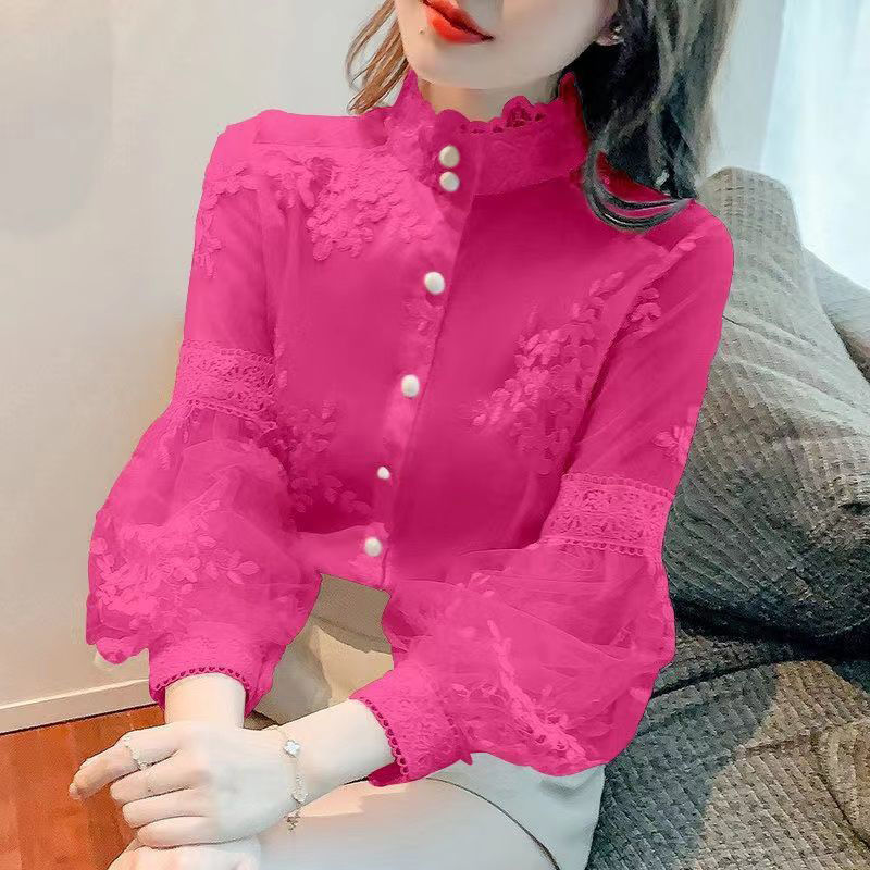 Elegant Sweet Lace Patchwork Solid Chiffon Shirts Spring Summer Stand Collar Long Lantern Sleeve Cardigan Women s Clothing 220810