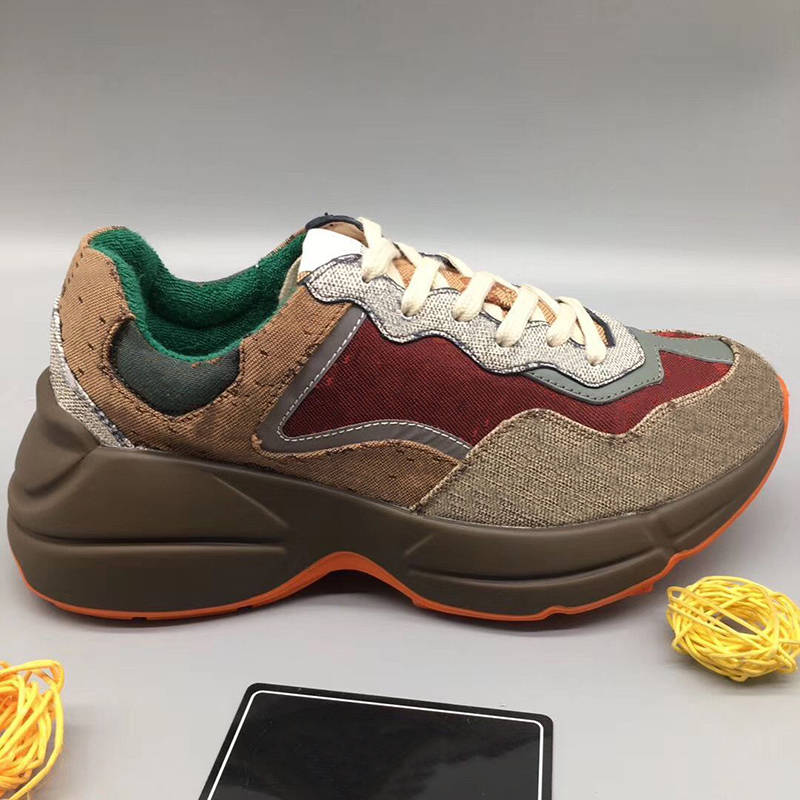 Mens Rhyton Sneaker Top Calfskin Dad Sneaker Casual Shoe Fashion Paris Shoes Women Thick Bottom Genuine Leather Sneakers With Box NO51