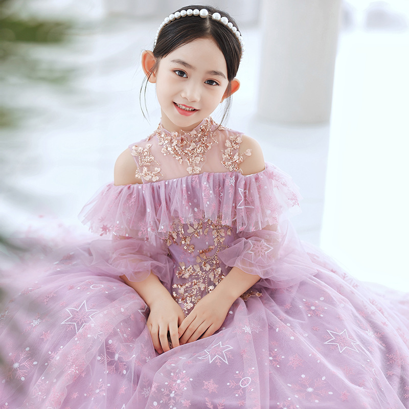 Sequined 2-14 Years Lace Tulle Flower Girl Dresses Bows Children's First Holy Communion Princess Ball Gown Wedding Party Dress 403