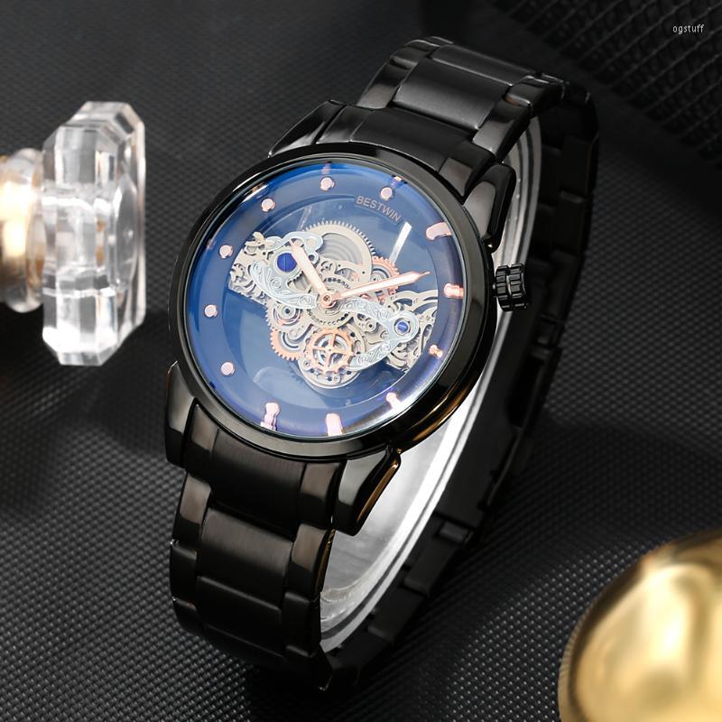 Wristwatches Men's Business Wristwatch Fashion Quartz Watches Transparent Dial Imitation Mechanical Design Stainless Steel Strap Black W
Wristwatches Men's Business Wristwatch Fashion Quartz Watches Transparent Dial Imitation Mechanical Design Stainless Steel Strap Black W
