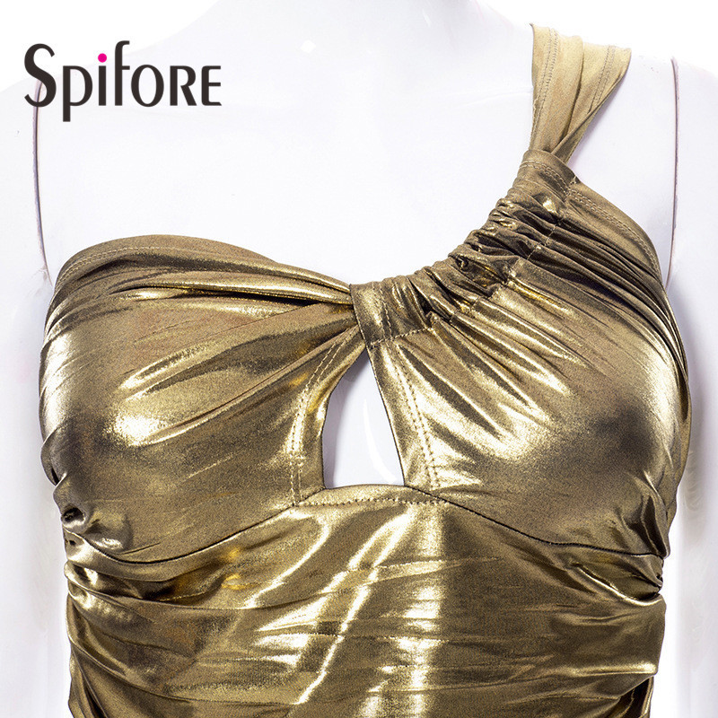Spifore Summer Ruched Women Gold Crop Top Sexy One Shoulder Wrap Sheath Tank Fashion Party Clubwear Female Shirts 220325