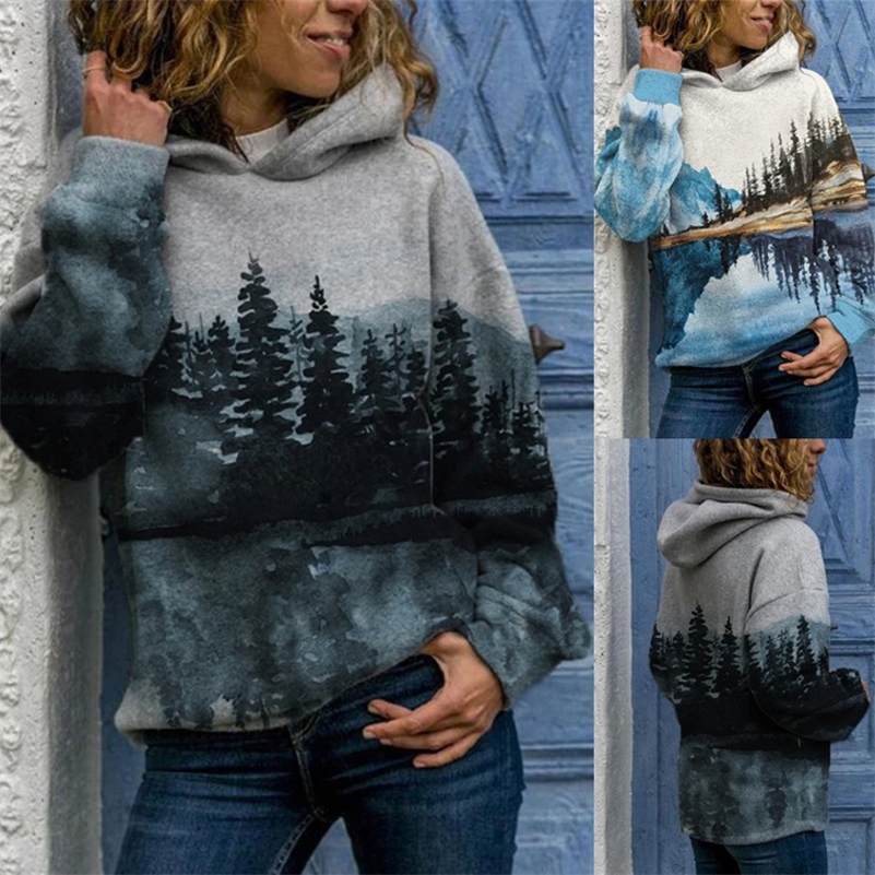 Womens Round Neck Casual Hoodie Sweatshirt Long Sleeve Mountain Landscape Printed Plus Size Tops & T-Shirts Autumn and Winter 220321