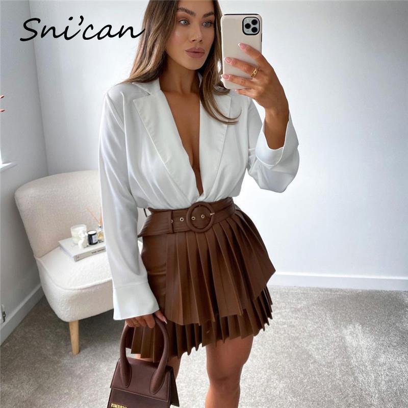 Bown Pu Leather Skirt With Belt Fashion Autumn Sprint Cascading Pleated High Waist Jupe Cuir Femme Women Falda Plisada 220322