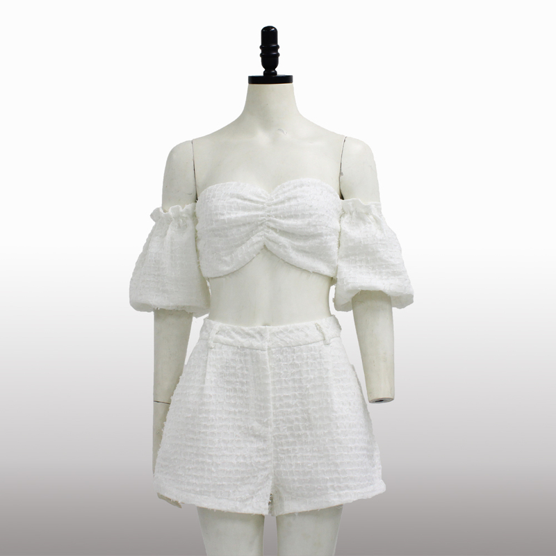 Summer Women 2 Piece Set Puff Sleeve Short Crop Top High Waist Wide Shorts Tracksuit Sexy White Casual Two Piece Sets 220602