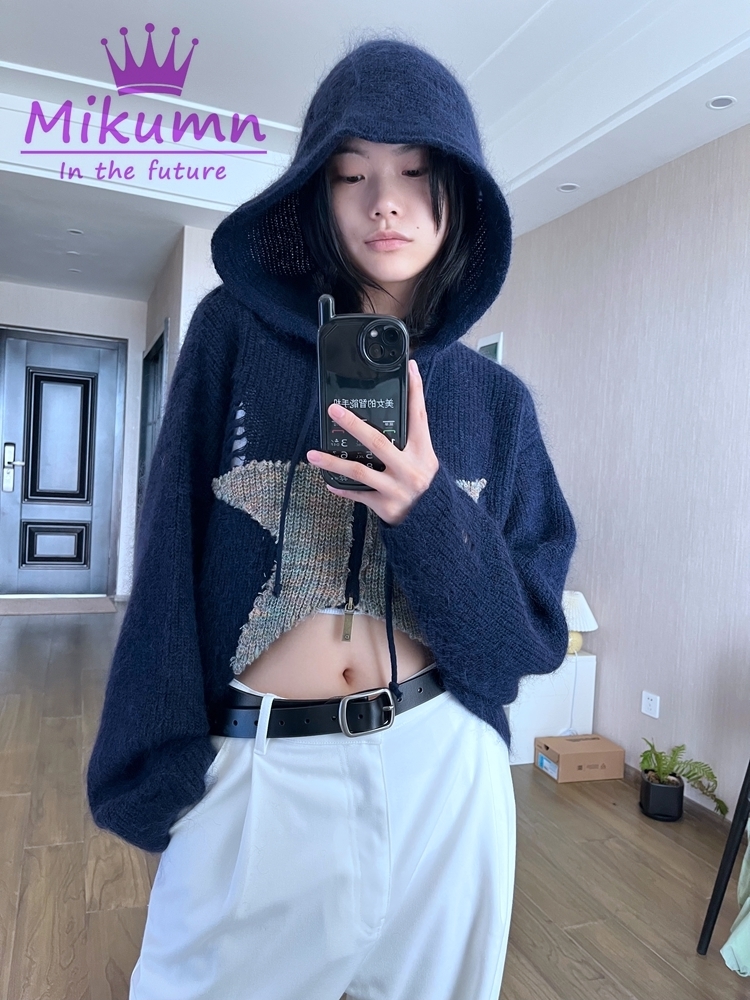 Gothic Sweater Cardigan Women Harajuku Vintage Star Zip Long Sleeve Hooded Short Jacket Spring Autumn Loose Knitwear Top Coat 220817