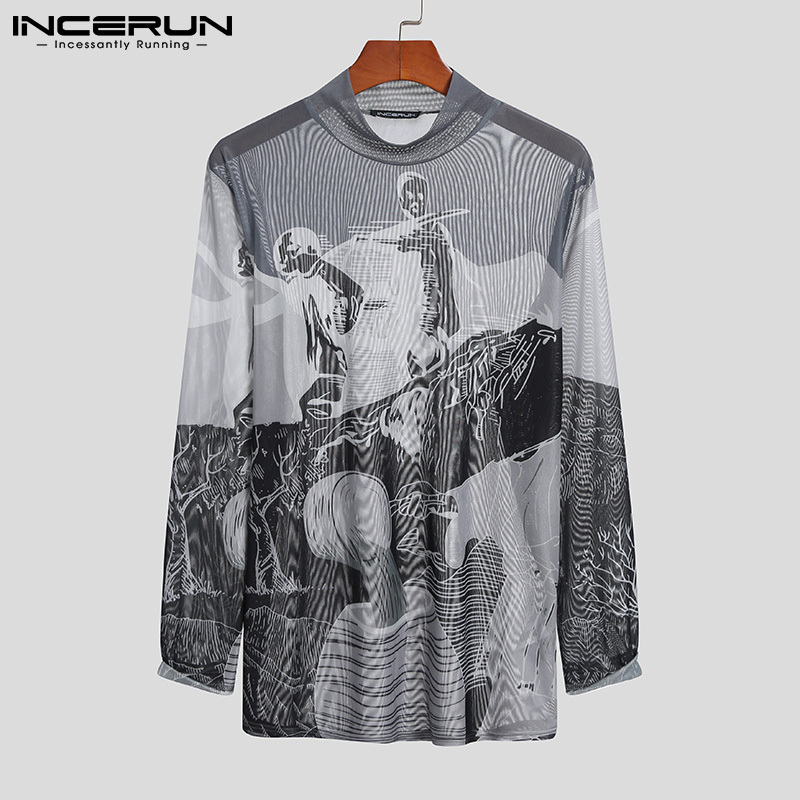 Men T Shirt Turtleneck Mesh Transparent Printed Sexy Long Sleeve Fitness Party Camisetas Streetwear Undershirt INCERUN 7 220616