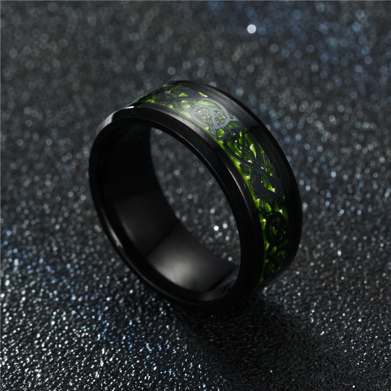 8mm Men's Stainless Steel Dragon Ring Inlay Red Green Black Carbon Fiber Ring Wedding Band Jewelry Size 6-13