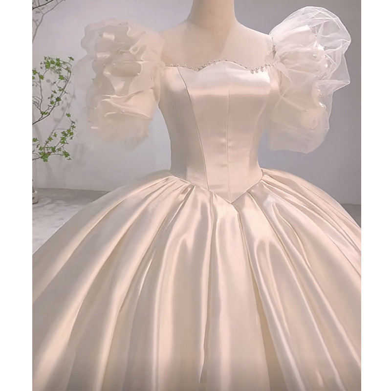 Princess Boho Wedding Dress With Pearls Puff Sleeves Real Picture Ball Gown Soft Satin Country Wedding Dresses For Women Elegant Bohemian Garden Bride